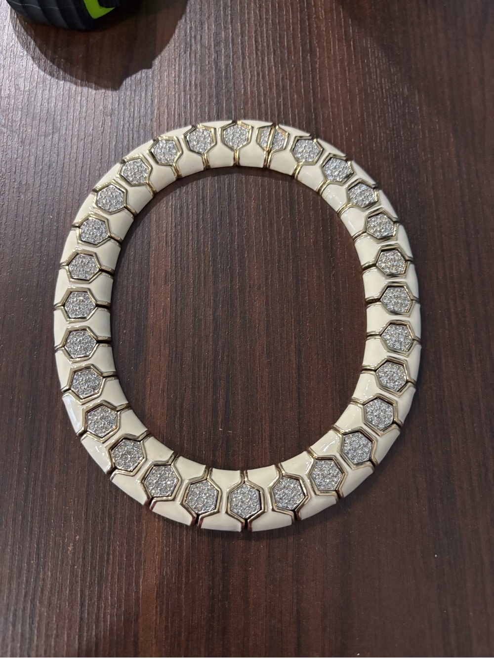 Cream Enamel and Gold Hexagon Pavé Link Necklace